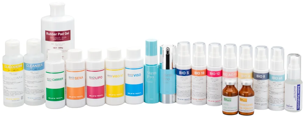 メソナJで使用する薬剤のラインナップ — BIOVISO、BIO 12、BIO S、APPSイオンパウダー、トラネキサム酸イオンパウダーなど